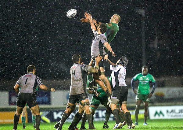 Guinness PRO12, Sportsground, Galway 3/3/2017 Connacht vs Zebre Connacht's Lewis Stevenson competes with Federico Ruzza of Zebre Mandatory Credit ©INPHO/James Crombie
